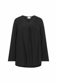 Haut noir à manches longues avec décolleté en V, détail plissé à l'avant et coupe ample ; fabriqué en tissu lisse et léger.