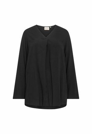 Top nero a maniche lunghe con scollo a V, dettaglio a pieghe sul davanti e vestibilità morbida; realizzato in un tessuto leggero e liscio.