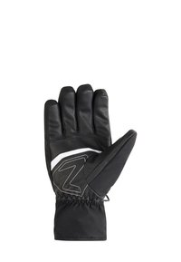 Gants noirs en cuir et en tissu, dotés d'un design à cinq doigts, d'un poignet élastique et d'accents blancs contrastants sur le dos.