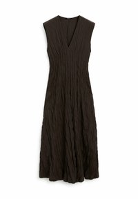 Sleeveless dark brown maxi dress with a deep V-neck and textured vertical crinkles throughout the fabric.