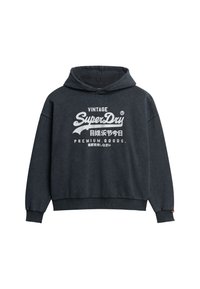 Sudadera gris oscuro con mangas largas, un bolsillo canguro en la parte frontal y texto gráfico blanco en el pecho. Tejido suave con puños y dobladillo de canalé.