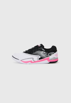 Black and white athletic shoe with pink accents, mesh upper, padded collar, sleek design, and textured rubber sole for traction.