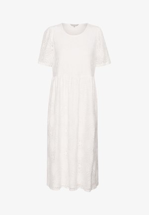 Abito in pizzo bianco con maniche corte, scollatura rotonda e vita arricciata, caratterizzato da motivi floreali e una morbida texture.