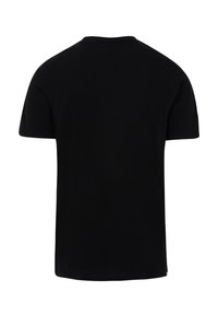 Černé tričko s krátkým rukávem a kulatým výstřihem, vyrobené z hladké bavlněné tkaniny, má na zadní straně jednoduchý design bez log a ozdob.