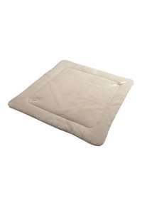 Beige pet blanket with a textured, woven pattern. Features a rectangular shape and a soft, padded surface. Accented with a small label.