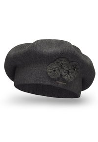 Harmaa neulottu baretti, jossa on teksturoitu pinta ja kolme kukkaakselia, joista jokaisessa on kiiltävä helmi, sekä pieni metallinen logo.