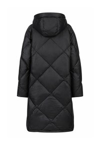 Zwarte gewatteerde parka met een capuchon, met een ruitpatroon en een rechte silhouet. Glad, lichtgewicht stof zonder zichtbare hardware.