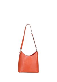 Borsa a tracolla in finta pelle arancione con parte superiore curva, tracolla regolabile e superficie con motivo in rilievo a coccodrillo.