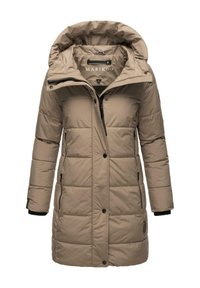 Beige pufferjack met een capuchon, met een gewatteerd ontwerp, een sluiting met knopen aan de voorkant, ritszakken en elastische manchetten voor een goede pasvorm.