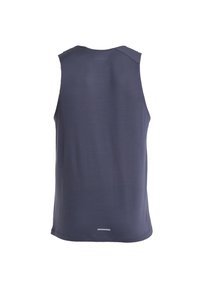 Dunkelblaues, ärmelloses Sporttanktop mit glatter Textur, geradem Saum und reflektierendem Streifen am Boden. Leichtes und atmungsaktives Material.