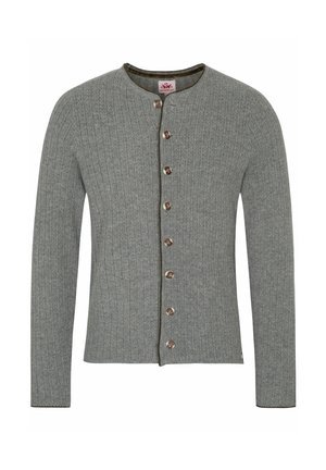 Grauer gerippter Cardigan mit rundem Halsausschnitt, ausgestattet mit einer Knopfverschluss und subtiler grüner Naht entlang der Kanten.