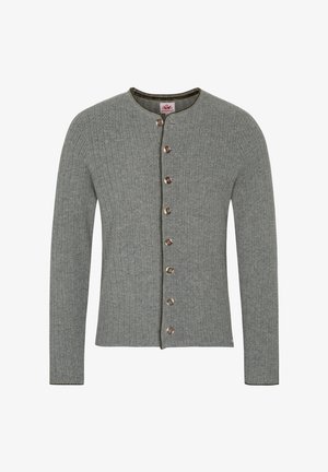 Cardigan gris à côtes avec un col rond, présentant une fermeture à boutons et des coutures vertes discrètes le long des bords.