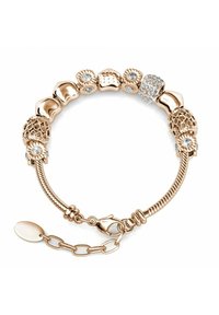 Bracciale in oro rosa con vari bead testurizzati, inclusi accenti scintillanti e chiusura a gancio a forma di aragosta. Inclusa una prolunga per la catena.