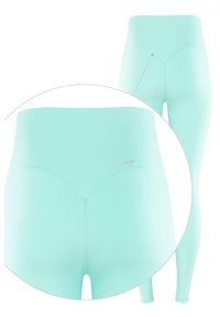 Vaaleansiniset korkeavyötäröiset leggingsit, joissa on sileä pinta, kontuurisaumamuotoilu ja pieni logoakseli vyötäröllä.