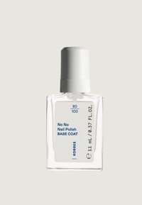 Botella de cristal transparente con tapa blanca, etiquetada "No No Base Coat de Esmalte de Uñas", 11 mL. Diseño simple con texto azul en la parte frontal.