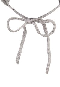 Gray braided cord with a bow knot at the center. The texture is woven, featuring two long ends extending from the bow.