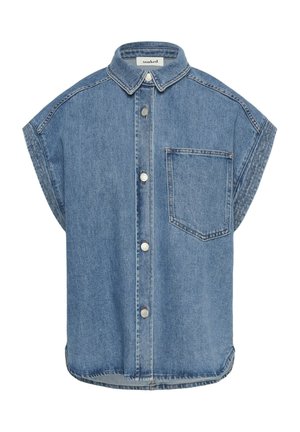 Hihaton sininen farkkupaita, jossa edessä napit, kärkipäinen kaulus ja yksi rintatasku vasemmalla puolella.