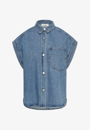 Hihaton sininen farkkupaita, jossa edessä napit, kärkipäinen kaulus ja yksi rintatasku vasemmalla puolella.