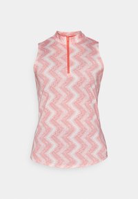 Bezramenný sportovní top v chevronovém vzoru, s vysokým límcem a polovičním zipem. Barvy zahrnují korálovou, bílou a světle růžovou.