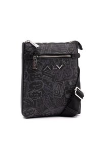 Borsa a tracolla nera con chiusura con zip, superficie testurizzata con motivi di francobollo e un accent logo in argento sulla parte anteriore.