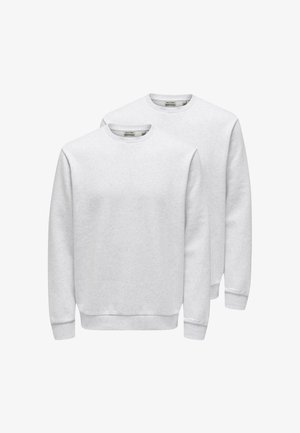 Zwei schlichte hellgraue Sweatshirts mit Rundhalsausschnitt, langen Ärmeln, gerippten Bündchen und Saum, übereinander gestapelt, wobei eines leicht hinter dem anderen steht.