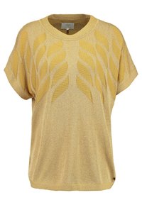 Top de punto dorado de manga corta con patrón de hojas, escote redondo y ajuste relajado.