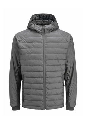 Chaqueta aislante gris con capucha, con diseño acolchado, cierre de cremallera y puños de punto. Fabricada en tejido ligero y suave.