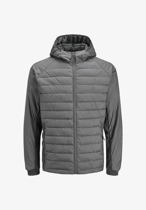 Pilkas izoliacinis švarkas su gaubtu, su siuvinėta struktūra, užtrauktuku ir raštuotais manžetais. Pagamintas iš lengvos, glotnios medžiagos.