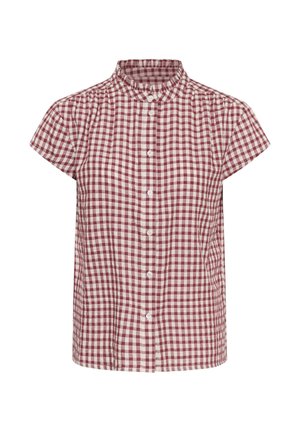 Red and white gingham short-sleeve blouse with small stand collar and white buttons down the front.