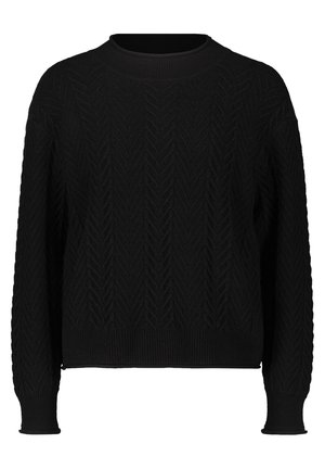 Schwarzer Strickpullover mit Fischgrätenmuster, Rundhalsausschnitt und gerippten Bündchen und Saum, mit einer lockeren Passform und strukturiertem Stoff.
