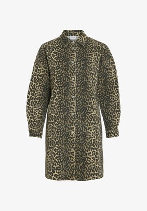 Leopardimustriga särgijope pruunide ja mustade varjunditega, millel on nööbid ees, krae ja üleliia suured varrukad. Kangas näeb välja pehme.