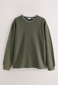 Olive green pullover sweatshirt with long sleeves, ribbed texture, and a white crew neckline. The design features a relaxed fit and simple style.