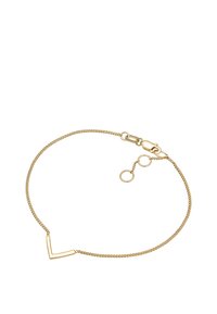 Goldene Kettenarmband mit V-förmigem Akzent. Es weist eine zarte, strukturierte Kette und einen robusten Karabinerverschluss mit einem Verlängerungslink auf.