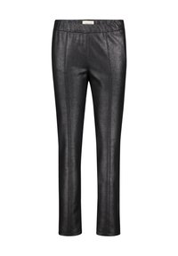 Zwarte, strakke broek van faux leer. Heeft een soepele textuur met verticale naden en een elastische tailleband. Geen zichtbare zakken.