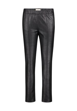 Schwarze, enganliegende Hose aus Kunstleder. Sie hat eine glatte Textur mit vertikalen Nähten und einem elastischen Bund. Keine sichtbaren Taschen.