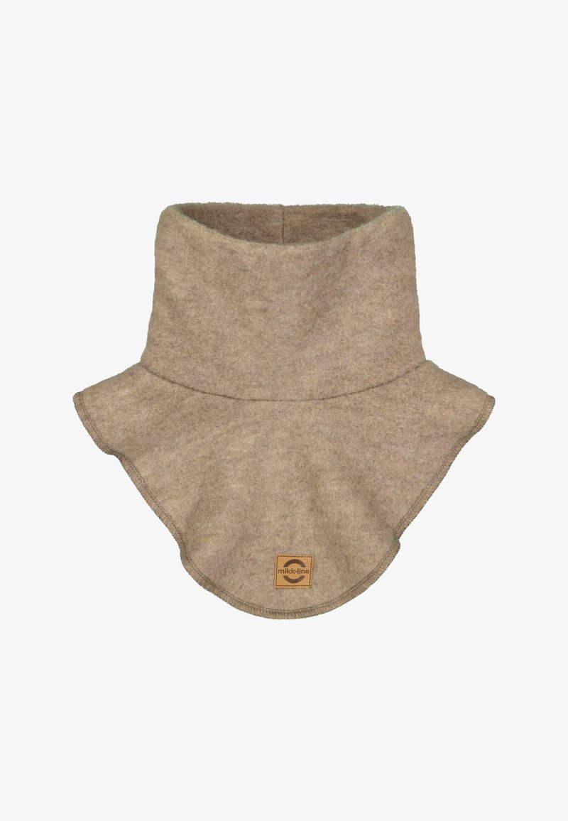 Scaldacollo in pile beige con colletto alto, fondo svasato e bordi arrotondati; presenta un piccolo marchio marrone cucito frontale.