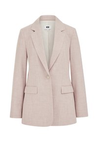 Šviesiai rožinis švarkas su siūleliu apykakle, vienu mygtuko užsegimu, dviem priekinėmis kišenėmis ir tekstūruota medžiaga. Ilgos rankovės.