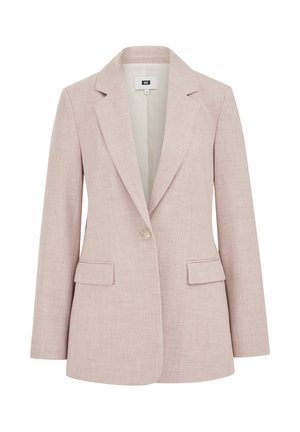 Svetlo roza blazer z zarezanim ovratnikom, zapiranjem na en gumb, dvema sprednjima žepoma in teksturirano tkanino. Dolgi rokavi.