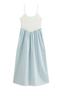 Light blue striped dress with a white fitted top, spaghetti straps, and a gathered skirt. Cotton blend fabric, casual and flowy design.