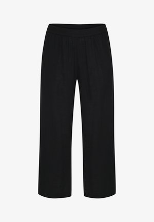 Schwarze, weit geschnittene Hosen aus leichtem Stoff, mit einem elastischen Taillenbund und glatter Textur, in einem lockeren und fließenden Design.