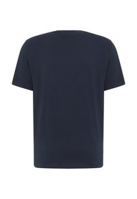 T-shirt uni bleu marine foncé à manches courtes, présenté de dos avec un col rond et des coutures simples.
