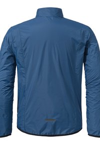 Blau leichte Jacke mit hohem Kragen, langen Ärmeln, glatter Textur und schwarzem Saum mit minimalistischem Design.
