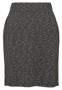 Falda de patrón blanco y negro, con un diseño de espiga. Textura suave, de longitud media, con una silueta ajustada y cintura elástica.