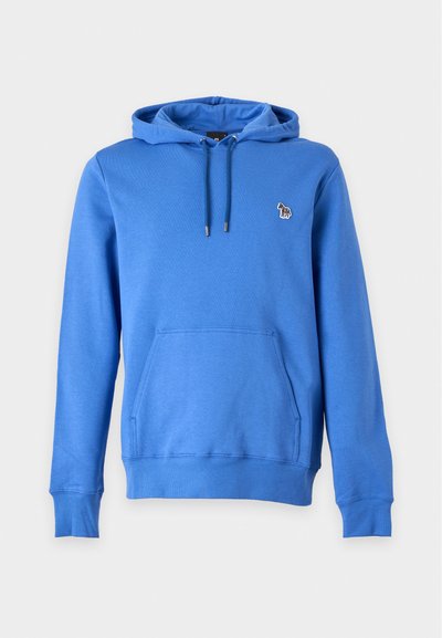 Sweat à capuche bleu manches longues avec poche avant, capuche à cordon et petit logo zèbre sur la poitrine gauche.