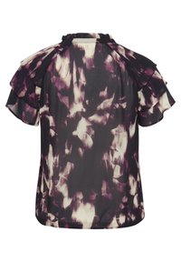 Blouse à imprimé abstrait noir et blanc avec manches courtes à volants et encolure froncée, vue de dos.