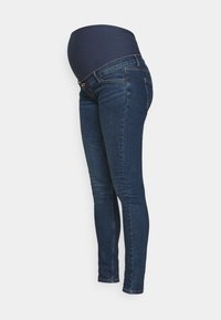 Těhotenské skinny džíny v tmavě modrém denimu s měkkým, elastickým námořnickým pasem, s klasickým designem pěti kapes a slim fit.