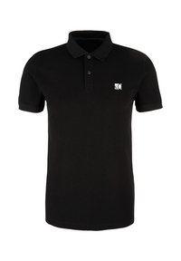 Schwarzes Poloshirt mit kurzen Ärmeln aus Baumwolle. Verfügt über einen spitzen Kragen, eine Knopfleiste mit drei Knöpfen und ein kleines Logo auf der linken Brust.