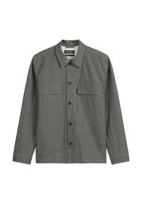 Gray long-sleeve shirt with a classic collar, two front pockets, and button closure, made of soft fabric with a textured appearance.