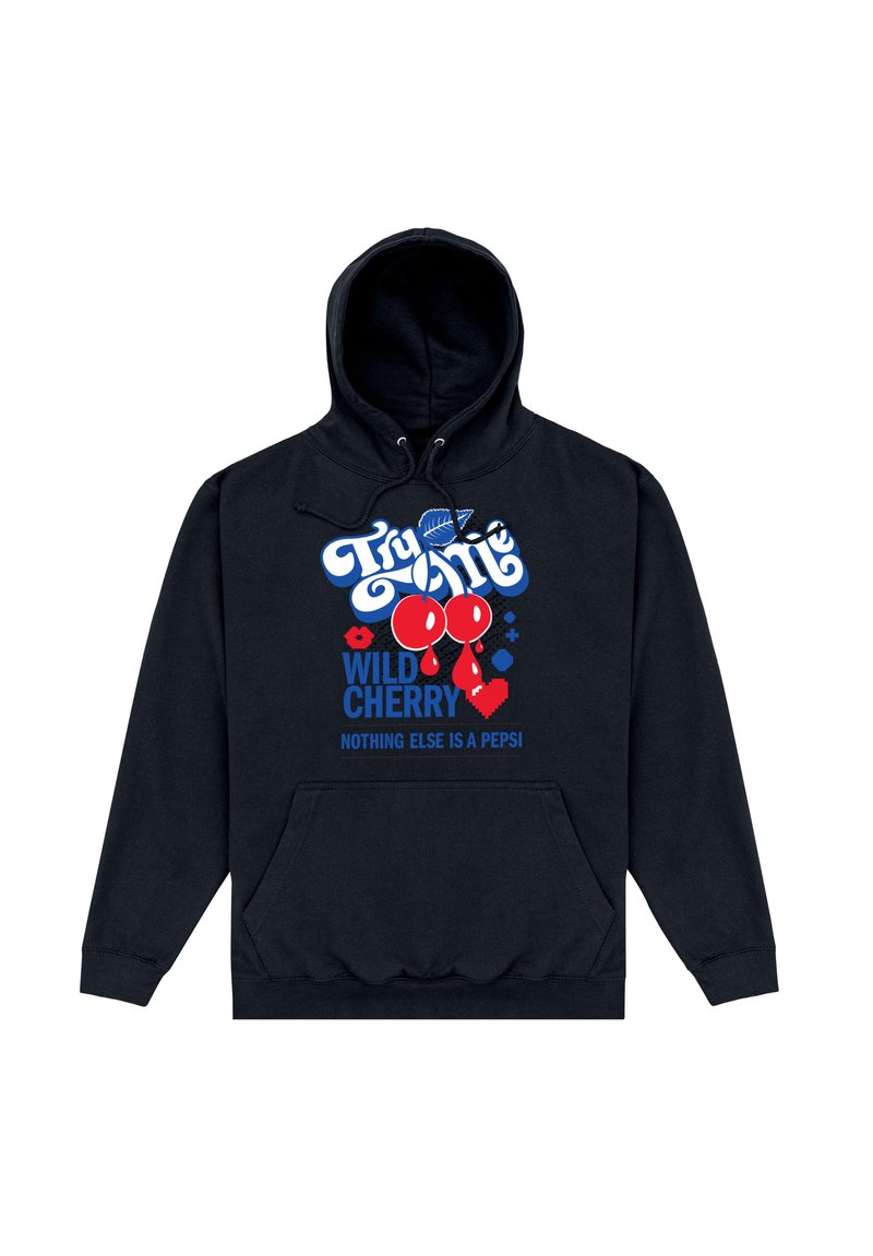 Felpa nera con testo "Try Me Wild Cherry", grafica di ciliegie rosse, cuore rosso pixelato, simboli decorativi blu e slogan "Nothing Else Is a Pepsi".