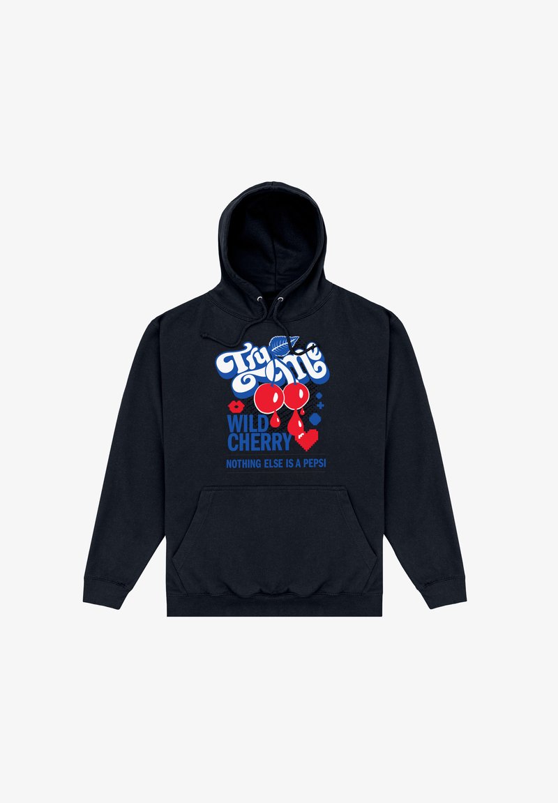 Felpa nera con testo "Try Me Wild Cherry", grafica di ciliegie rosse, cuore rosso pixelato, simboli decorativi blu e slogan "Nothing Else Is a Pepsi".